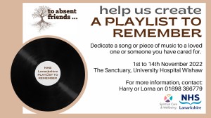 A flyer for the A Playlist to Remember event decorated with the image of a vinyl record and the same event details described in the text for the event.