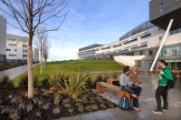 A photo across the campus of QMU showing a paved walkway, a lawn, several modern buildings, three young people conversing in a group, and a tree against a blue sky.